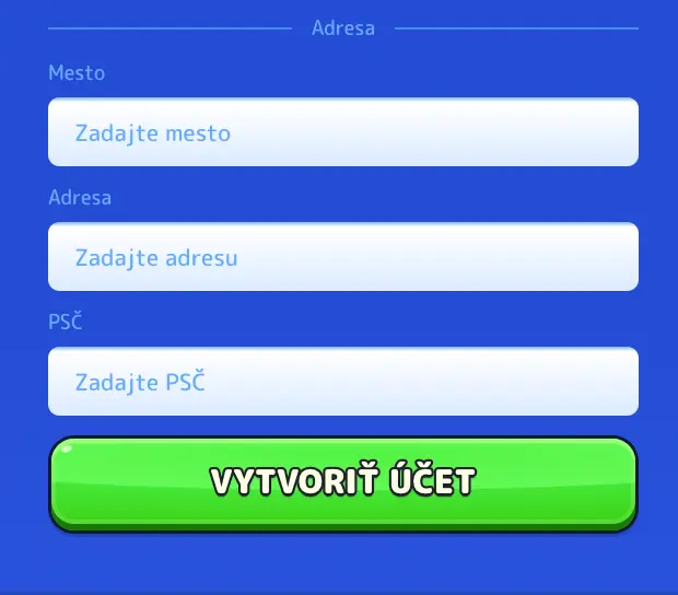 Pistolo Casino – Zadajte adresu a dokončite registráciu kliknutím na Vytvoriť účet Formulár na zadanie adresy v Pistolo Casino – mesto, adresa, PSČ a tlačidlo Vytvoriť účet